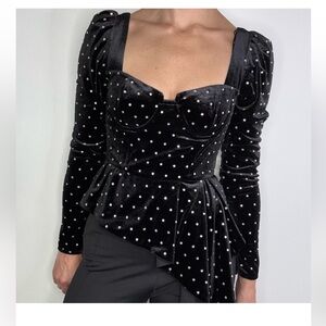 Self-Portrait Black Velvet Blouse with White Polka Dots
